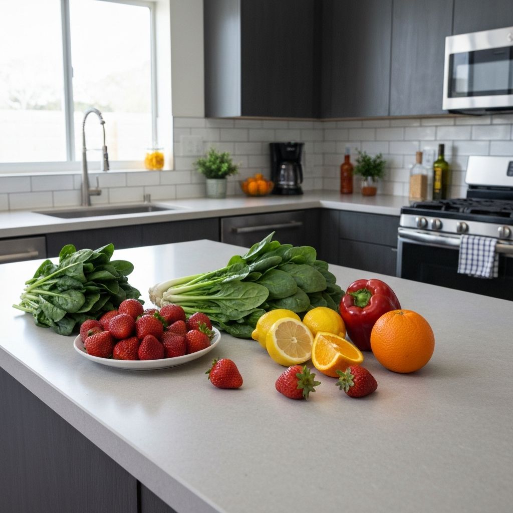 Fresh vegetables and fruits on kitchen counter